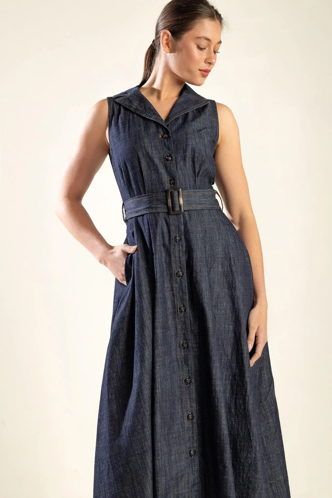 OASIS OF CALM RIGID DENIM MIDI DRESS - Flying Tomato - Flyclothing LLC