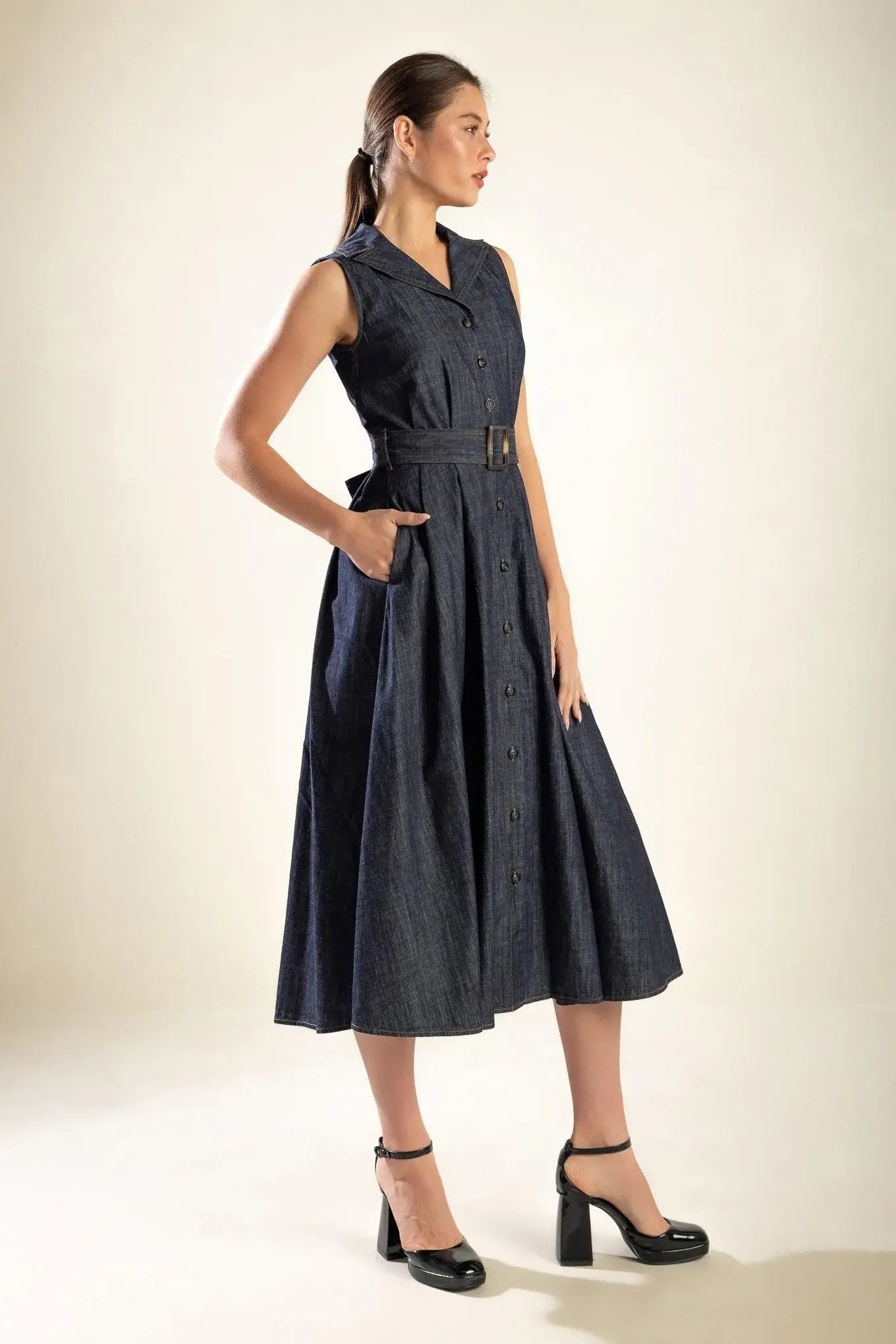 OASIS OF CALM RIGID DENIM MIDI DRESS - Flying Tomato - Flyclothing LLC