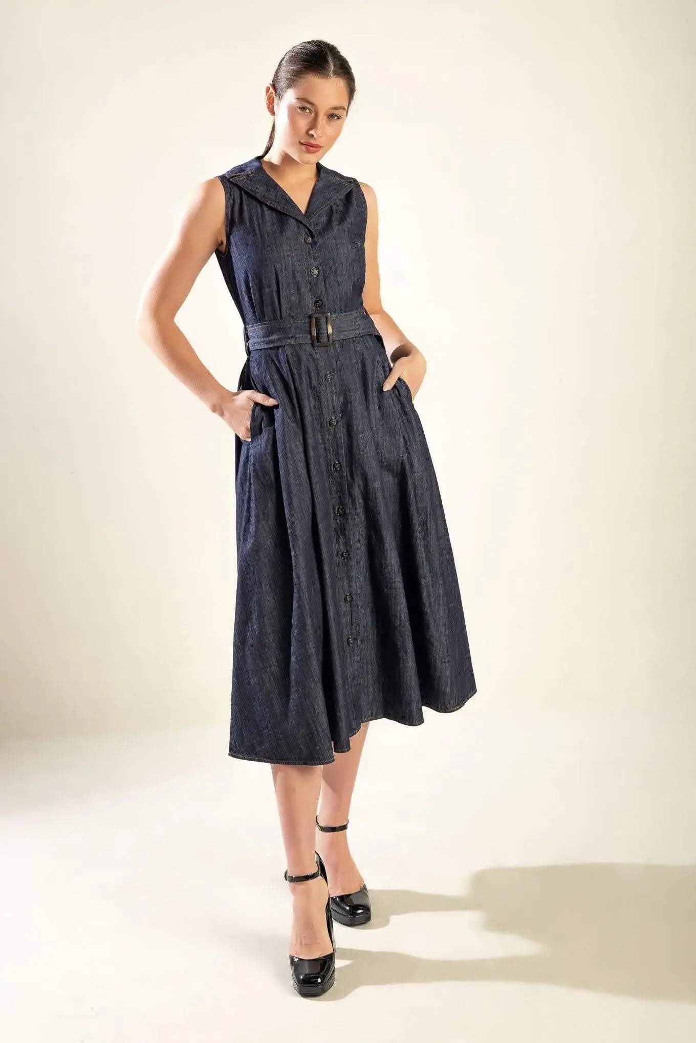 OASIS OF CALM RIGID DENIM MIDI DRESS - Flying Tomato - Flyclothing LLC