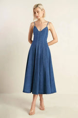 ROSEWOOD ROMANCE DENIM MIDI DRESS - Flying Tomato - Flyclothing LLC