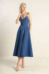 ROSEWOOD ROMANCE DENIM MIDI DRESS - Flying Tomato - Flyclothing LLC