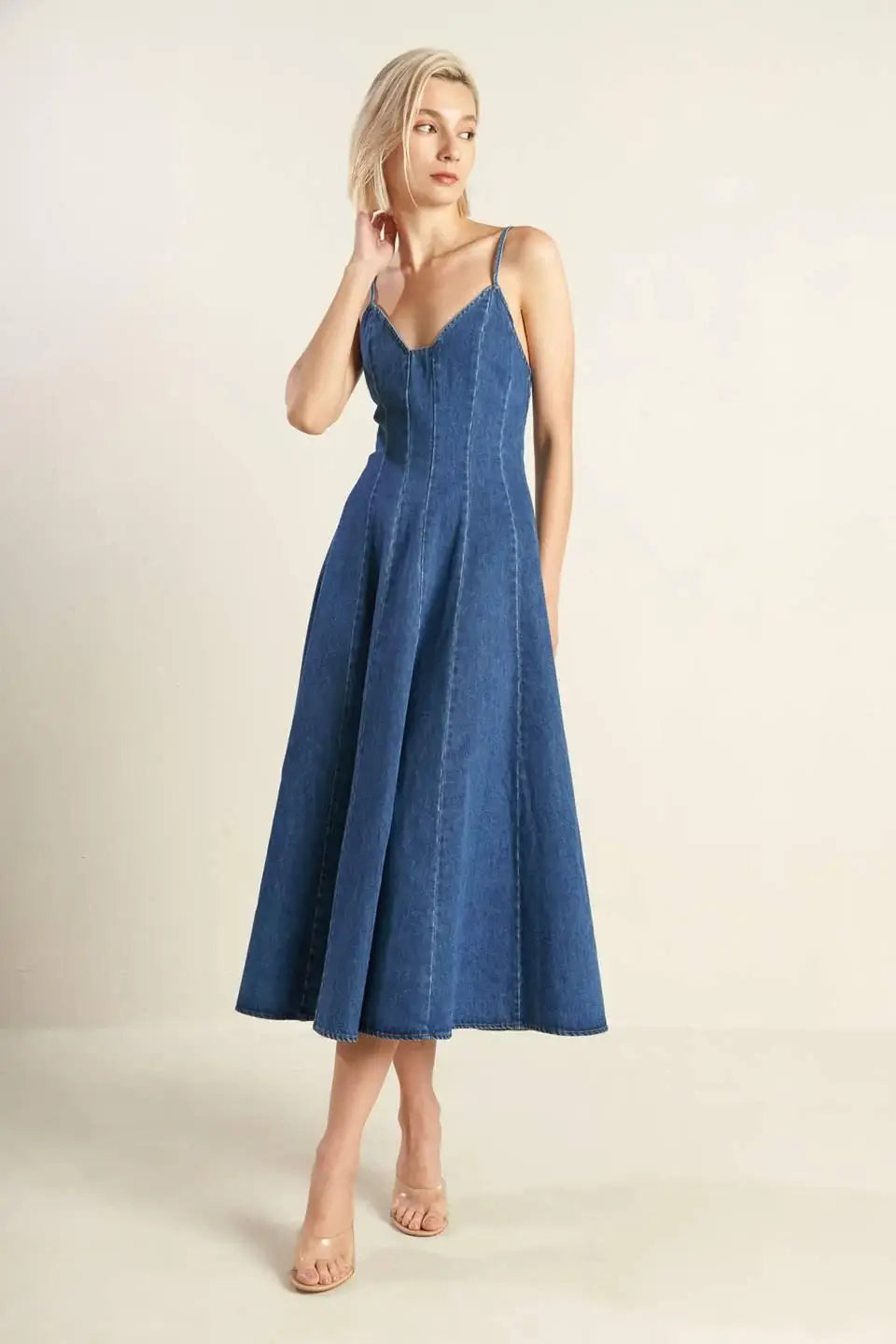 ROSEWOOD ROMANCE DENIM MIDI DRESS - Flying Tomato - Flyclothing LLC