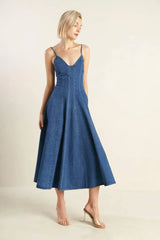 ROSEWOOD ROMANCE DENIM MIDI DRESS - Flying Tomato - Flyclothing LLC
