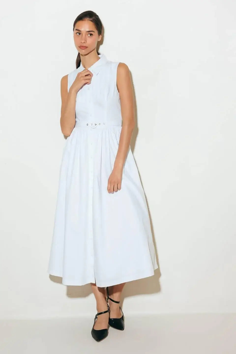 NUE EASE WHITE WOVEN MDI DRESS - Flying Tomato - Flyclothing LLC