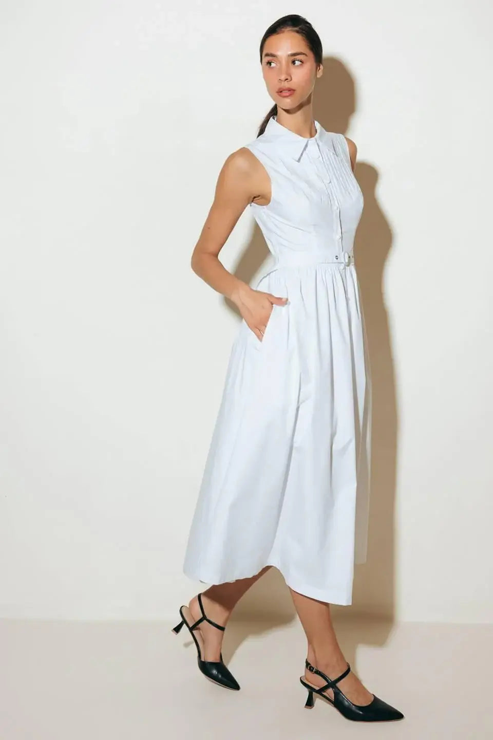 NUE EASE WHITE WOVEN MDI DRESS - Flying Tomato - Flyclothing LLC