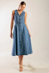 THE JOURNEY BEGINS BLUE DENIM MIDI DRESS - Flying Tomato - Flyclothing LLC