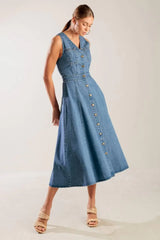 THE JOURNEY BEGINS BLUE DENIM MIDI DRESS - Flying Tomato - Flyclothing LLC