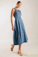 THE JOURNEY BEGINS BLUE DENIM MIDI DRESS - Flying Tomato - Flyclothing LLC