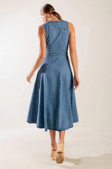 THE JOURNEY BEGINS BLUE DENIM MIDI DRESS - Flying Tomato - Flyclothing LLC