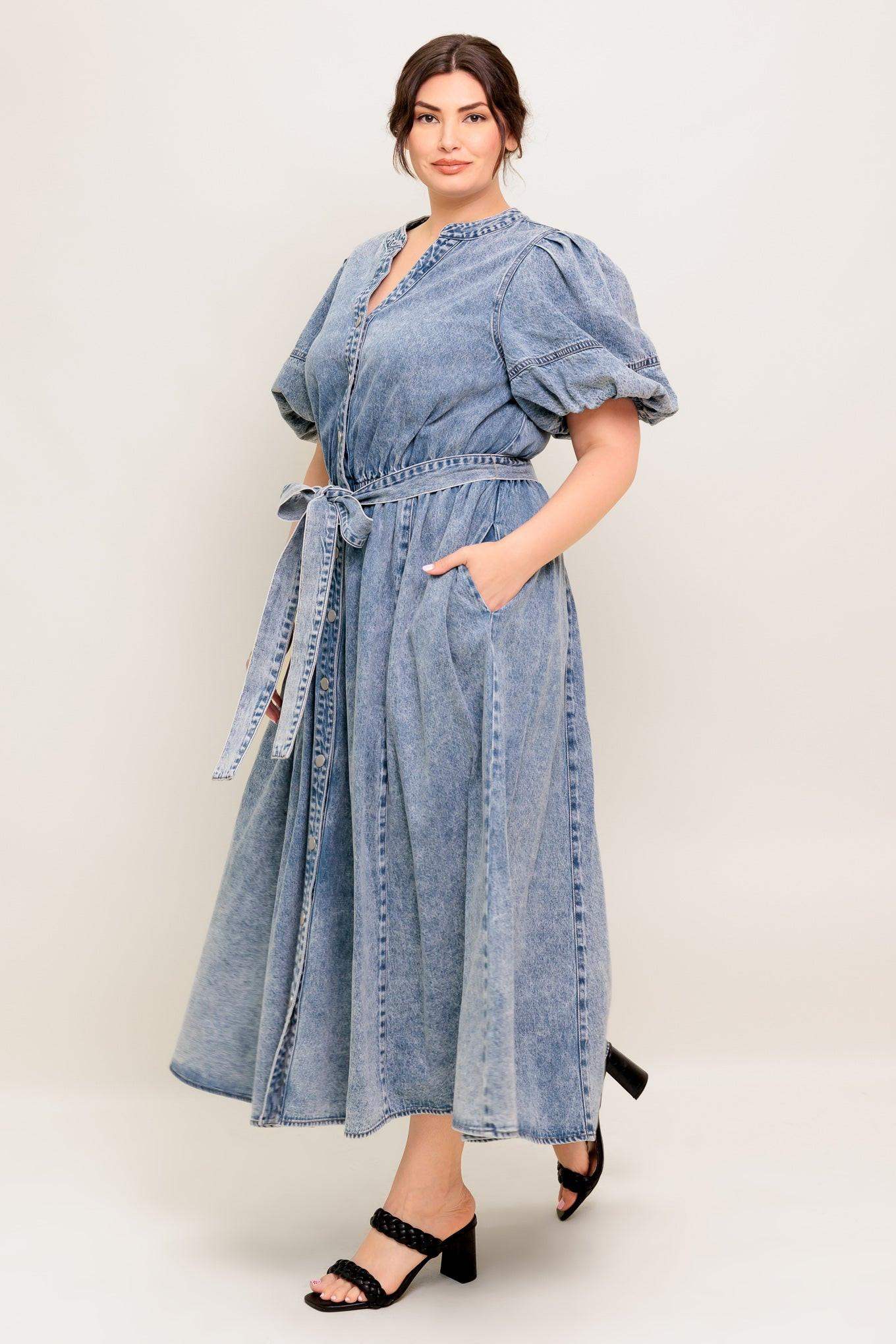 BAREFORM LIGHT DENIM MIDI DRESS - Flying Tomato - Flyclothing LLC