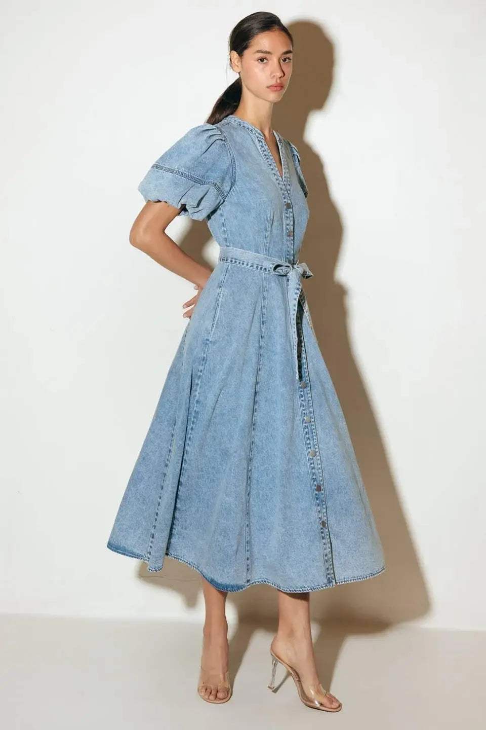 BAREFORM LIGHT DENIM MIDI DRESS - Flying Tomato - Flyclothing LLC