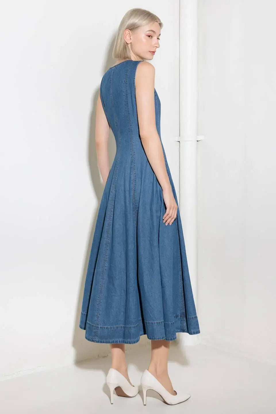 IRRESISTIBLY POISED DENIM MIDI DRESS - Flying Tomato - Flyclothing LLC