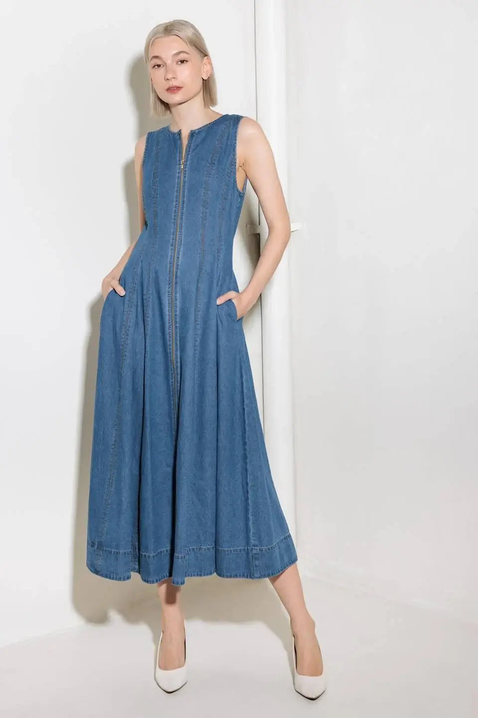 IRRESISTIBLY POISED DENIM MIDI DRESS - Flying Tomato - Flyclothing LLC