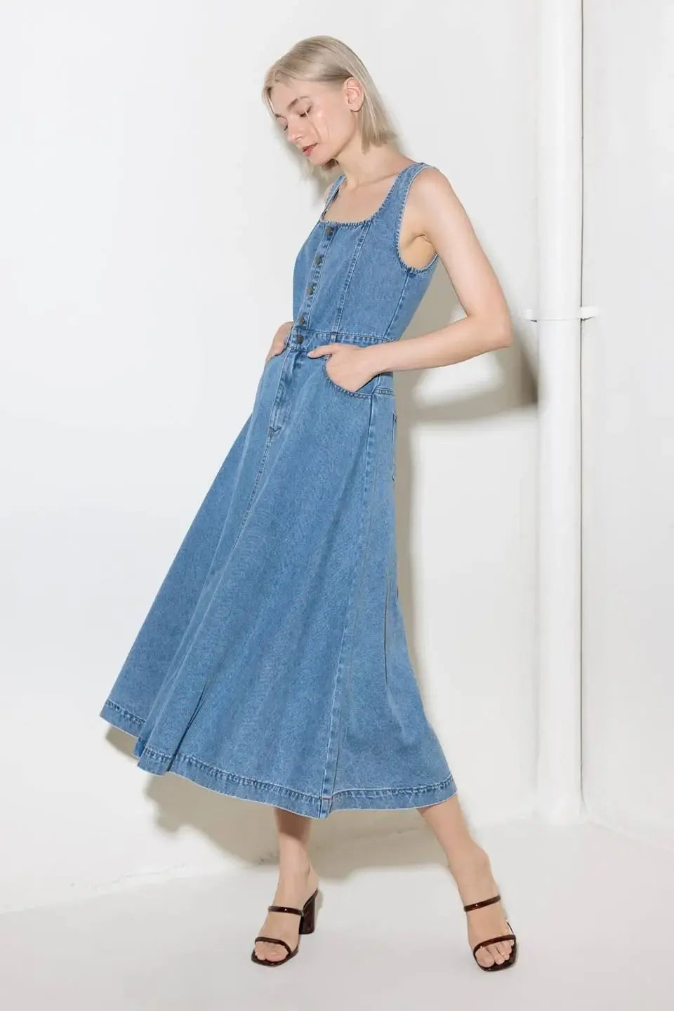 SOFTLY ROMANTIC DENIM MIDI DRESS - Flying Tomato - Flyclothing LLC