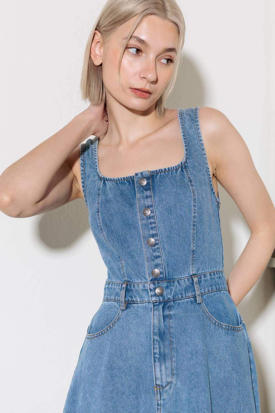 SOFTLY ROMANTIC DENIM MIDI DRESS - Flying Tomato - Flyclothing LLC