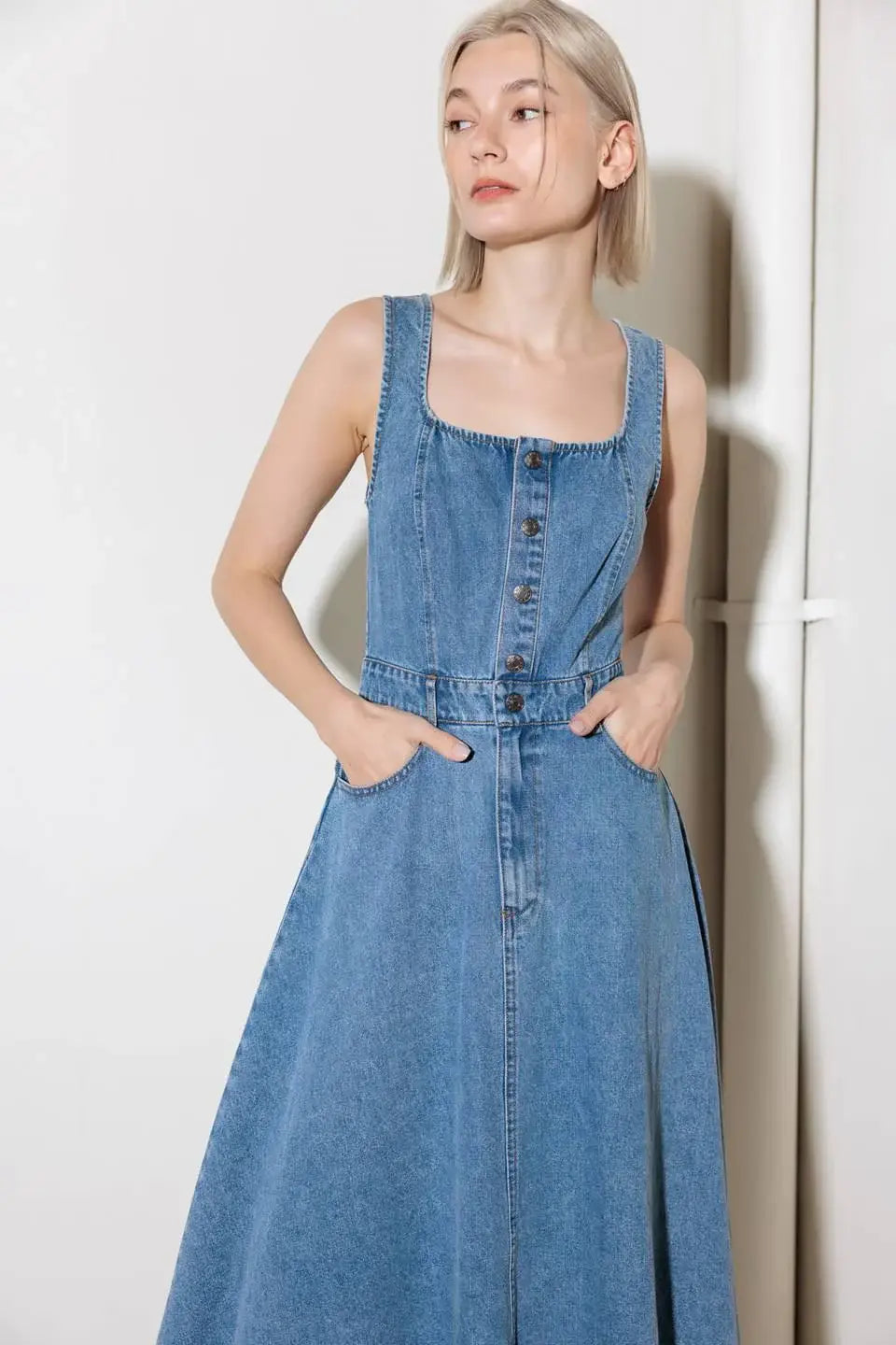 SOFTLY ROMANTIC DENIM MIDI DRESS - Flying Tomato - Flyclothing LLC