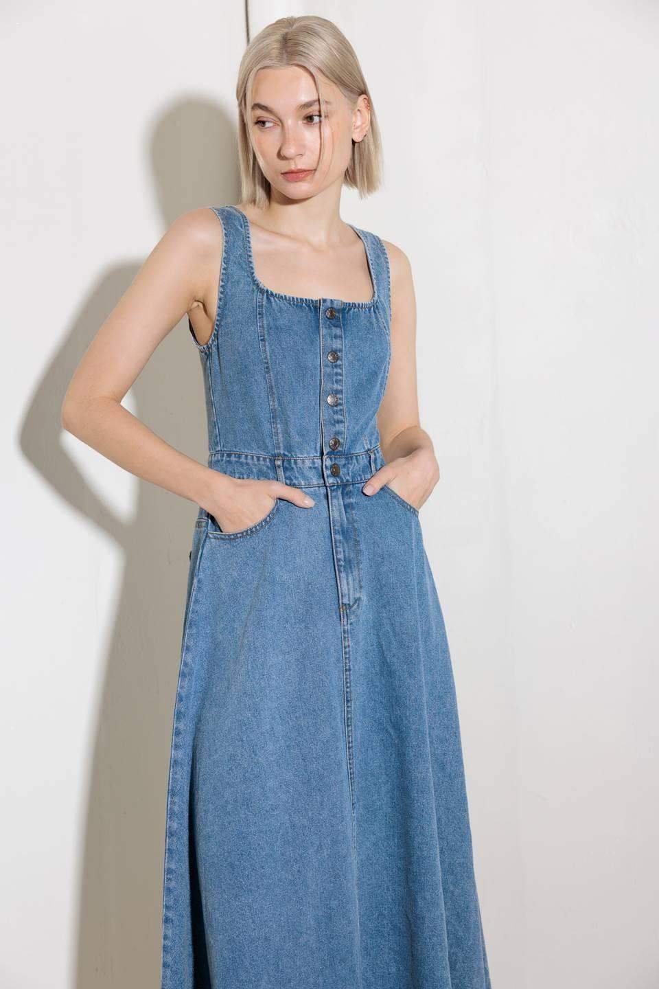 SOFTLY ROMANTIC DENIM MIDI DRESS - Flying Tomato - Flyclothing LLC