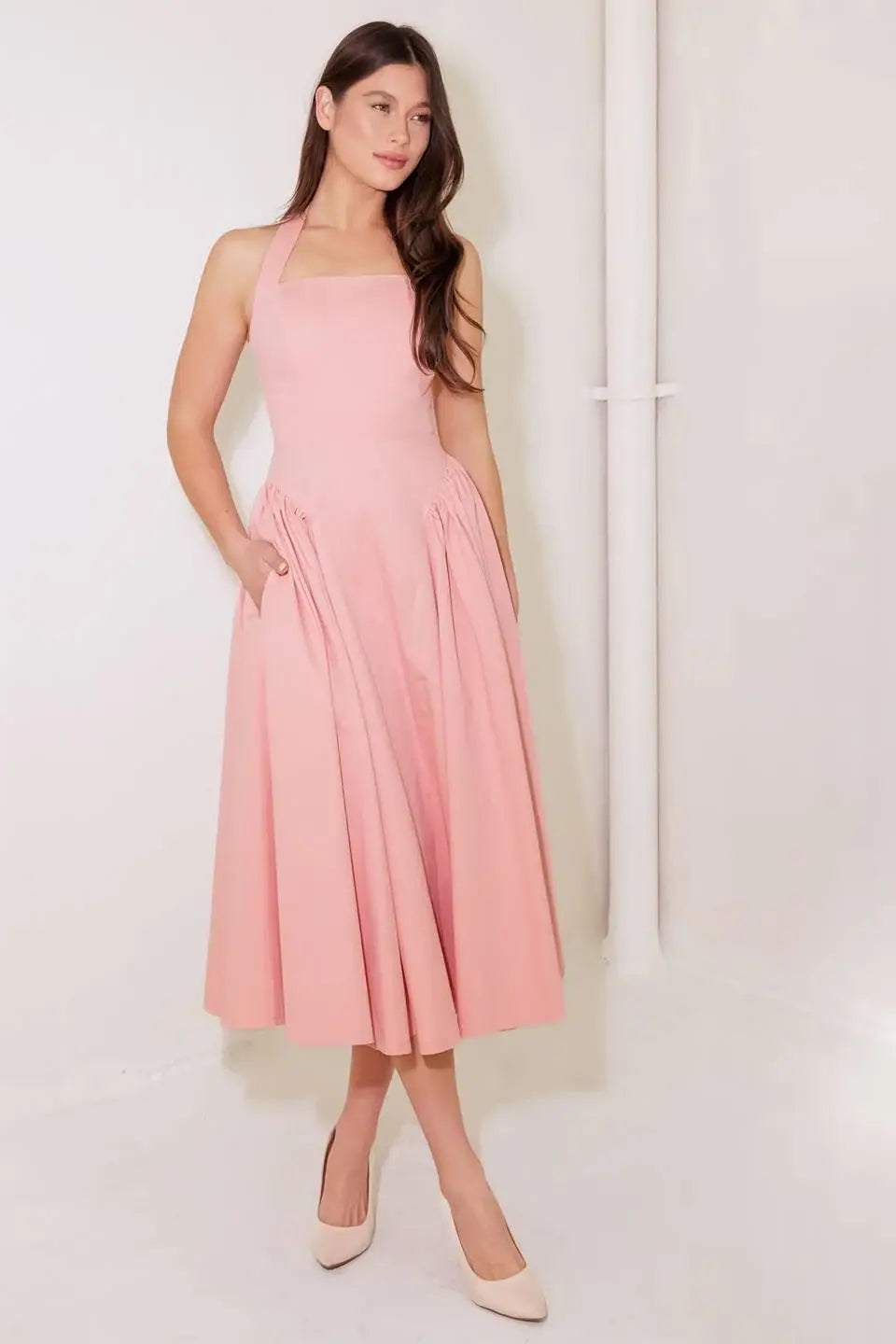 CAUGHT IN THE RAIN PINK WOVEN MIDI DRESS - Flying Tomato - Flyclothing LLC