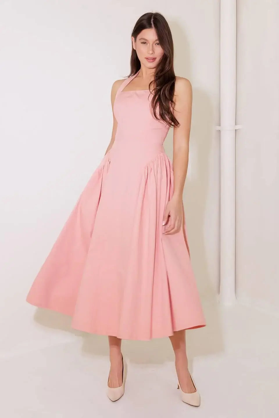 CAUGHT IN THE RAIN PINK WOVEN MIDI DRESS - Flying Tomato - Flyclothing LLC