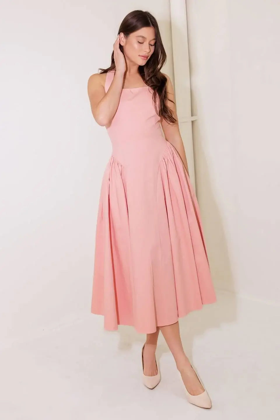 CAUGHT IN THE RAIN PINK WOVEN MIDI DRESS - Flying Tomato - Flyclothing LLC