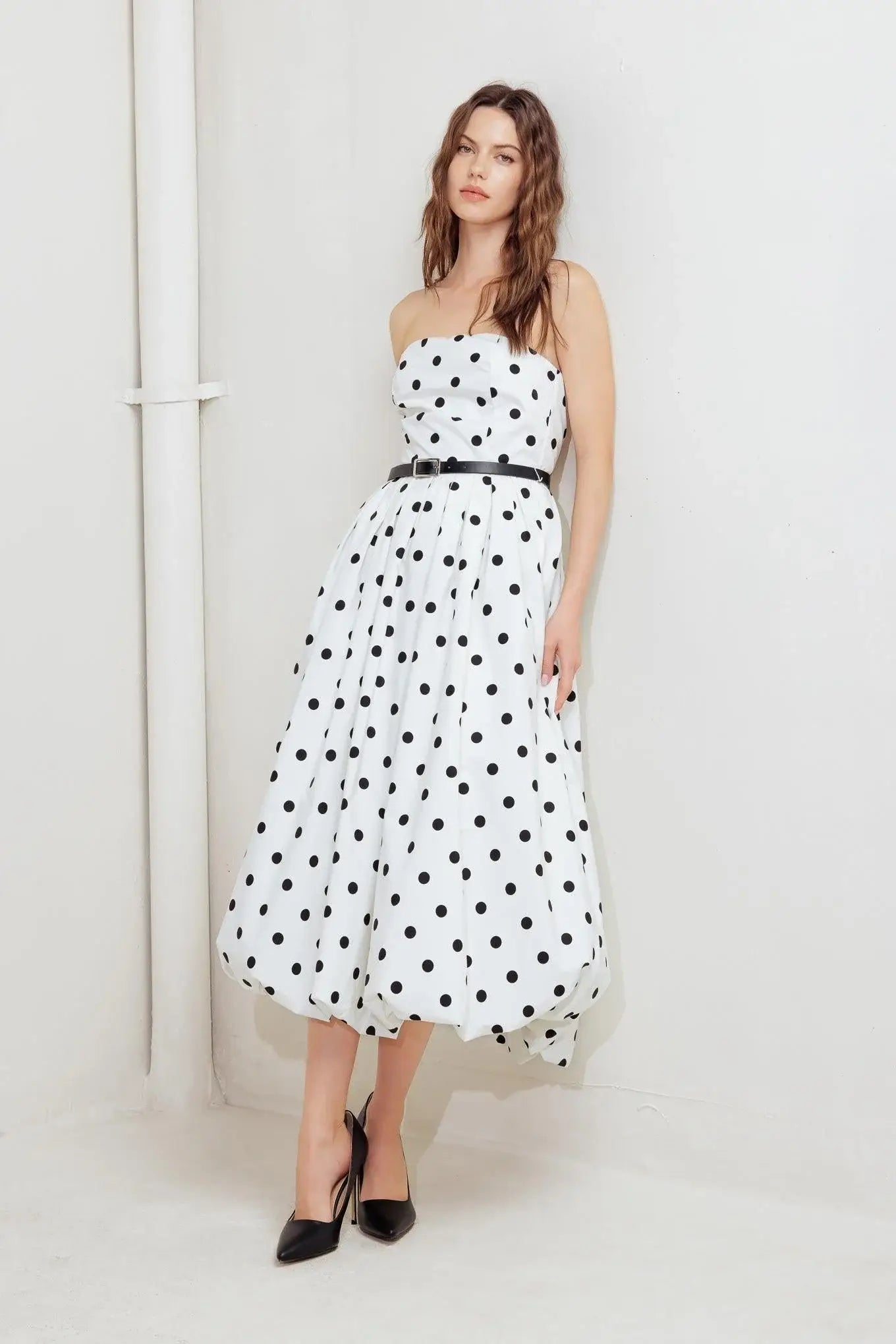 MONROE DOT WHITE WOVEN MIDI DRESS - Flying Tomato - Flyclothing LLC