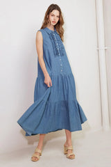 PETALS FALLING SLOWLY DENIM MIDI DRESS - Flying Tomato - Flyclothing LLC