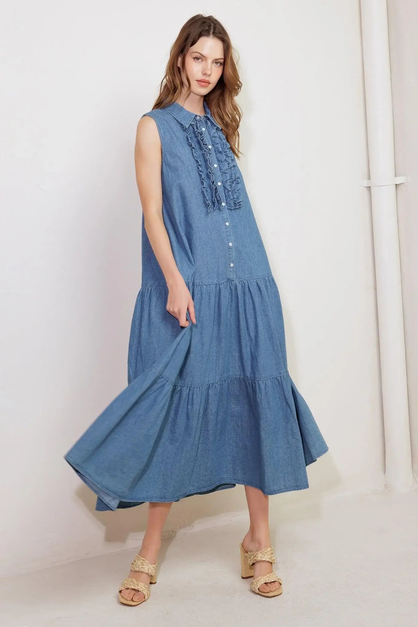 PETALS FALLING SLOWLY DENIM MIDI DRESS - Flying Tomato - Flyclothing LLC