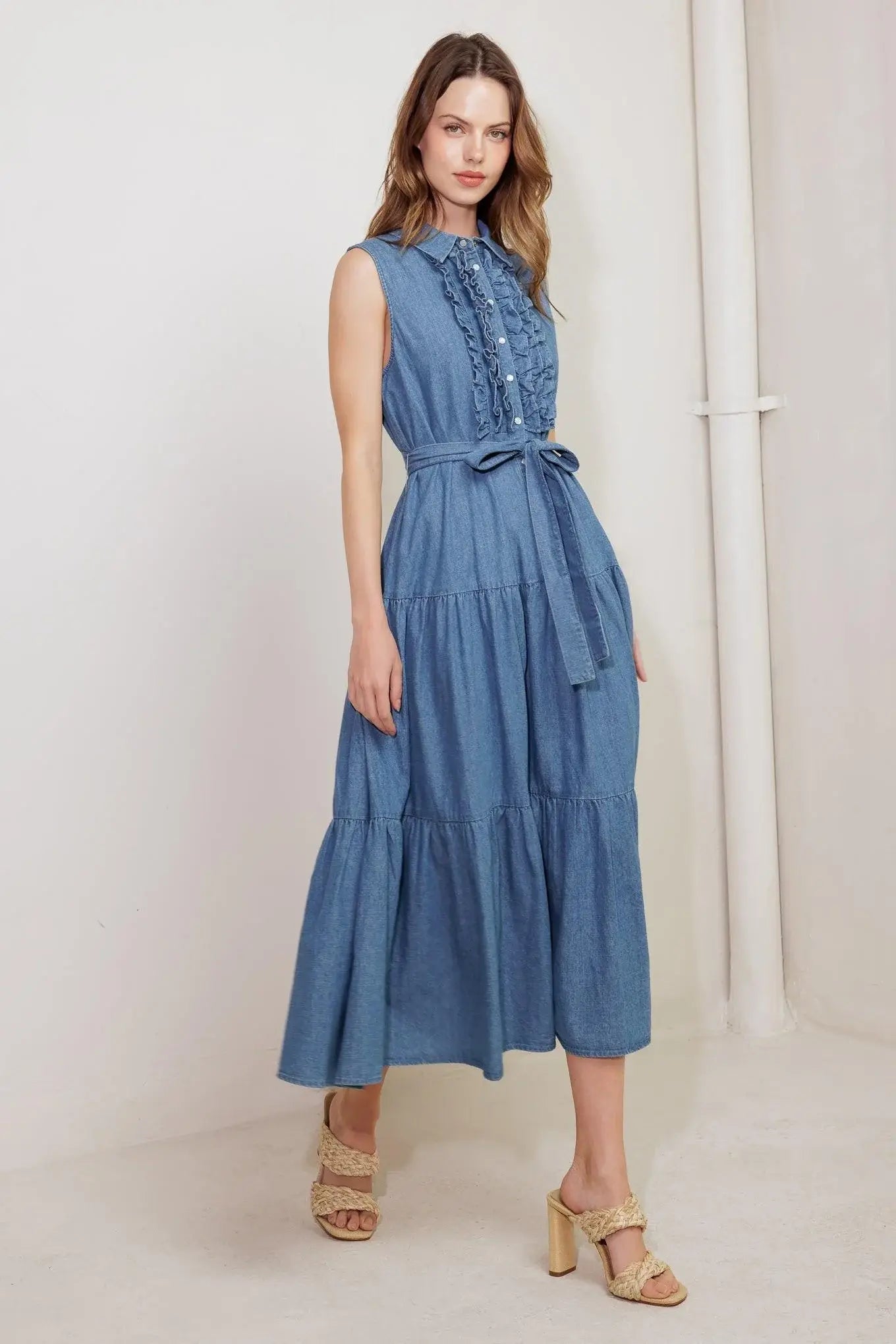 PETALS FALLING SLOWLY DENIM MIDI DRESS - Flying Tomato - Flyclothing LLC