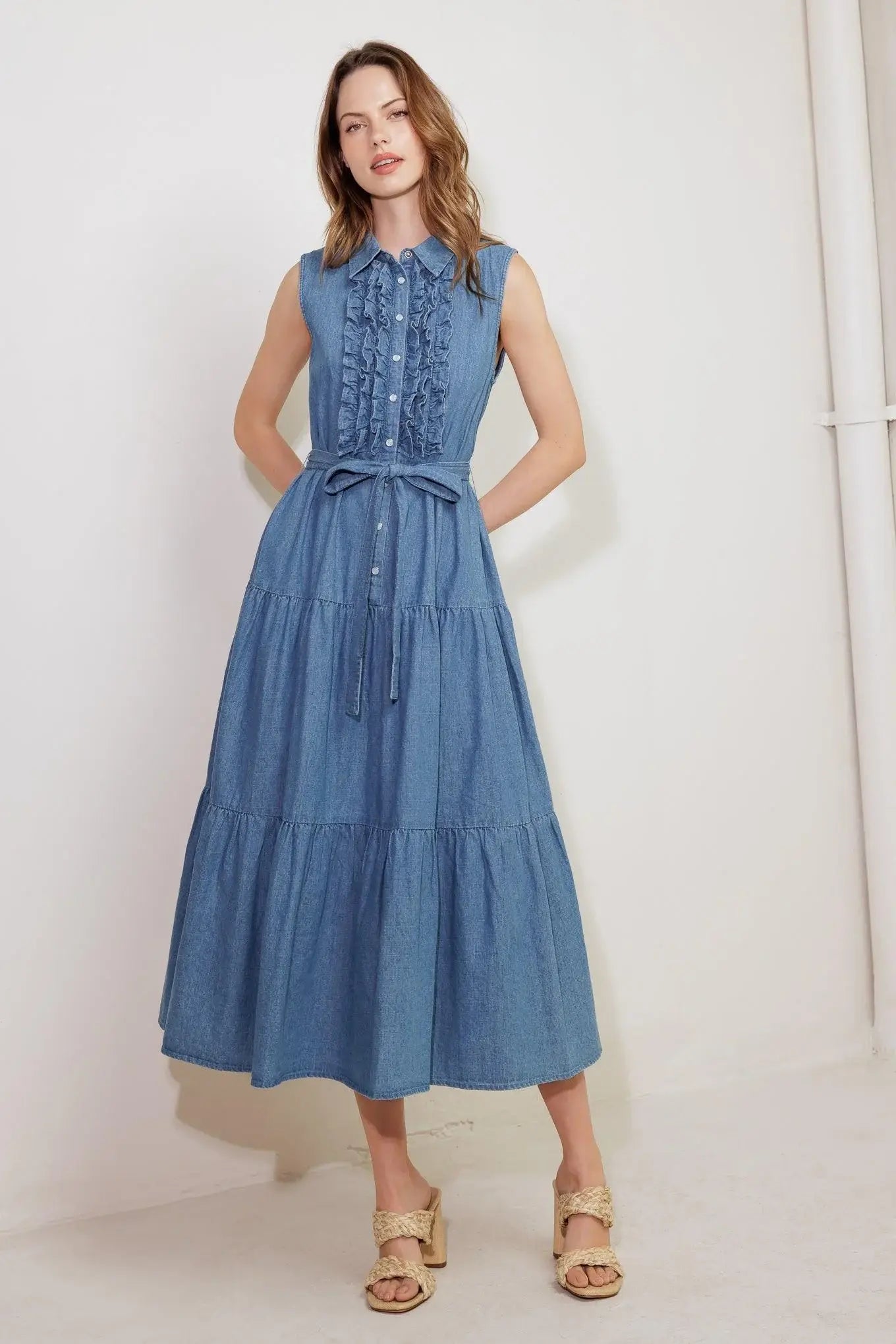 PETALS FALLING SLOWLY DENIM MIDI DRESS - Flying Tomato - Flyclothing LLC