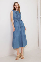 PETALS FALLING SLOWLY DENIM MIDI DRESS - Flying Tomato - Flyclothing LLC