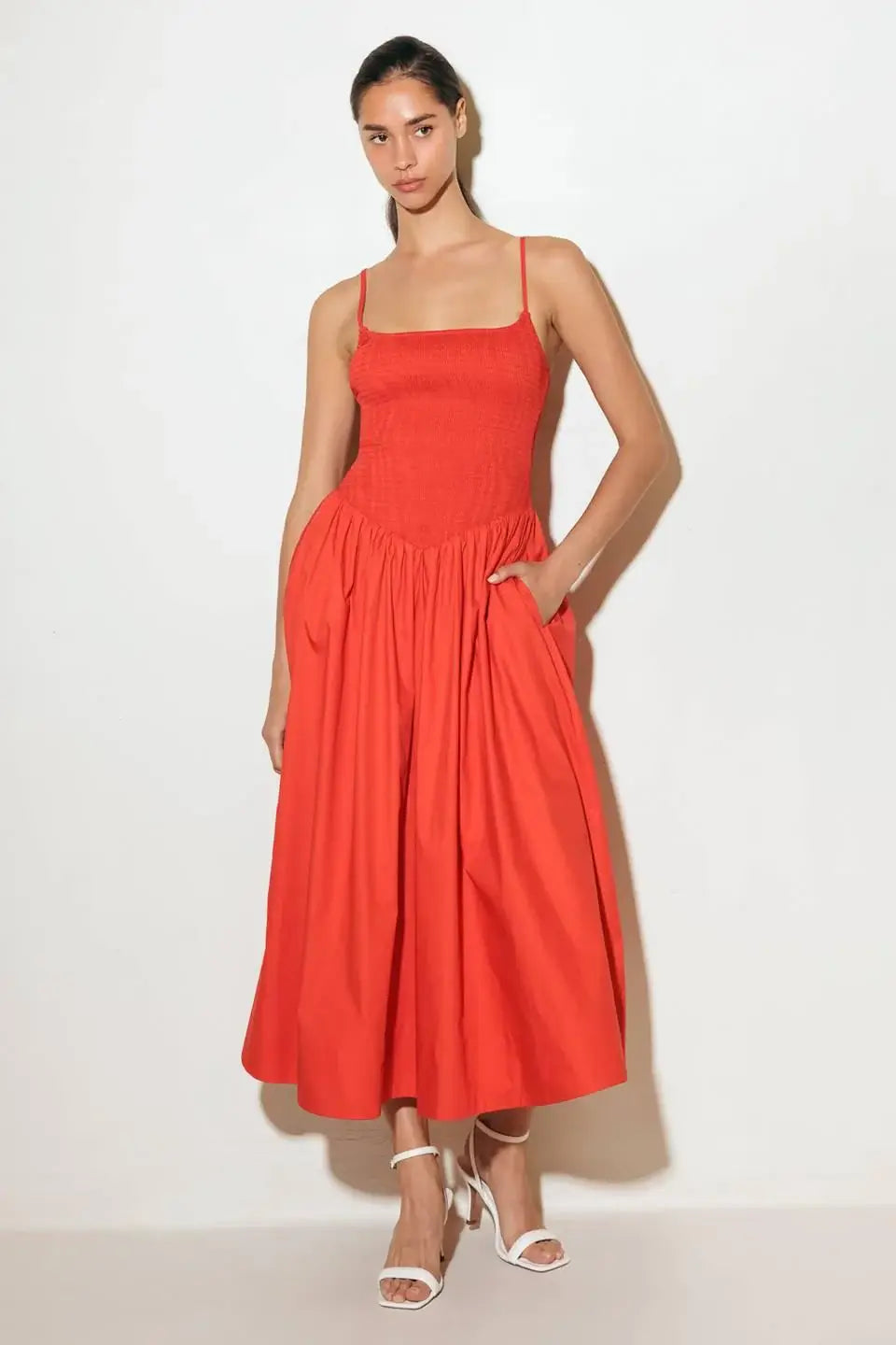 MOVE WITH INTENTION RED WOVEN MIDI DRESS - Flying Tomato - Flyclothing LLC