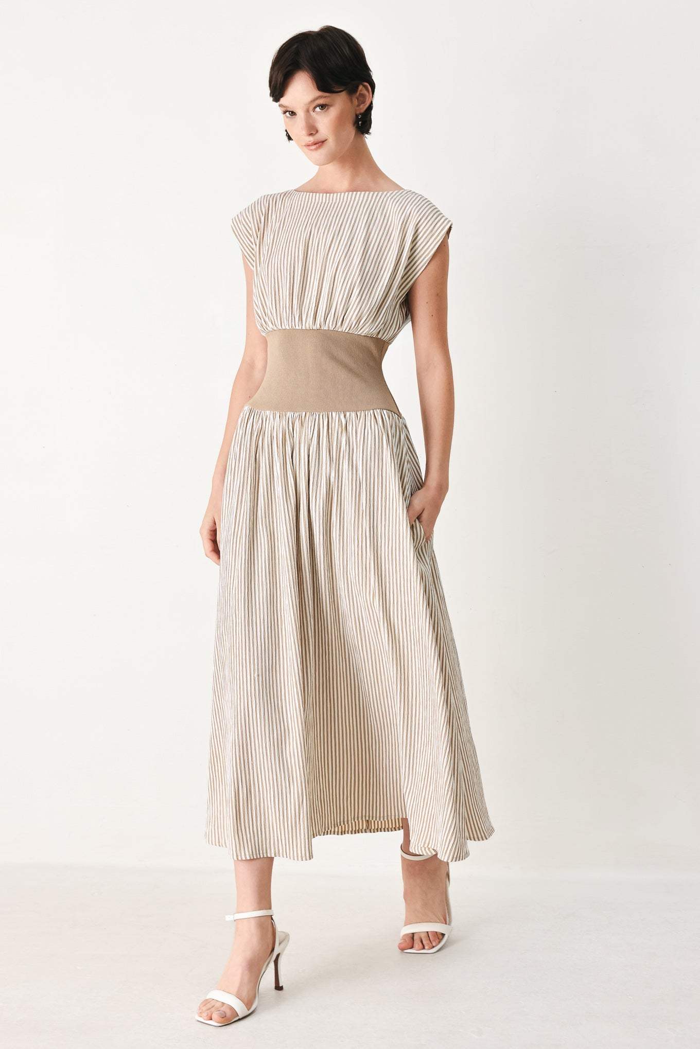 HAMPTONS MORNING STRIPE WOVEN MIDI DRESS - Flying Tomato - Flyclothing LLC