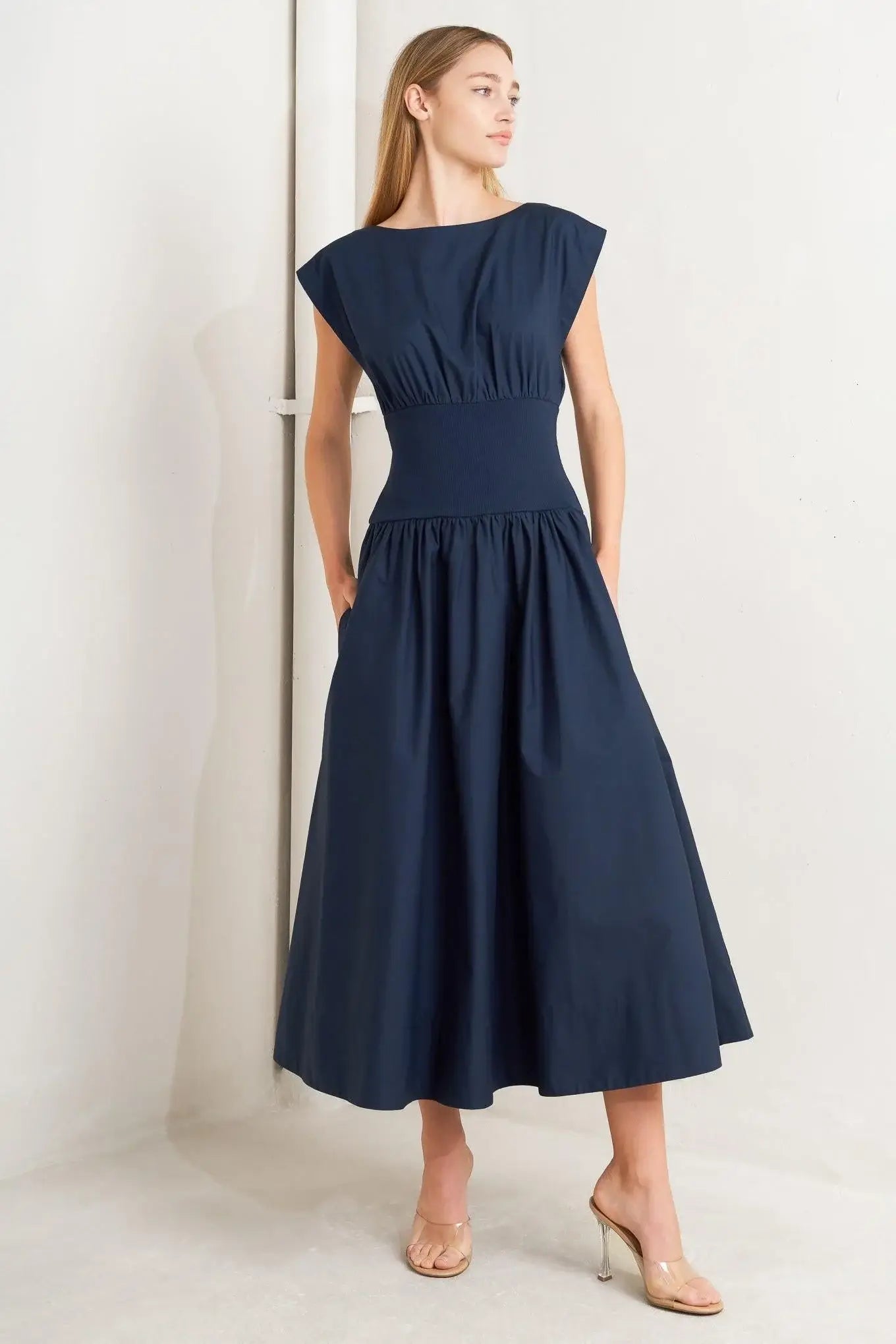 DREAMWEAVER ROMANTIC NAVY WOVEN MIDI DRESS - Flying Tomato - Flyclothing LLC