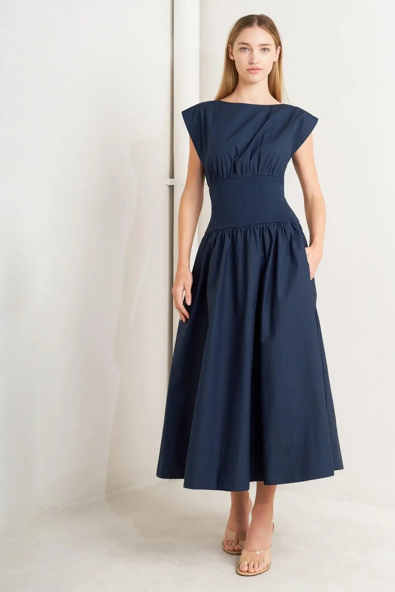 DREAMWEAVER ROMANTIC NAVY WOVEN MIDI DRESS - Flying Tomato - Flyclothing LLC