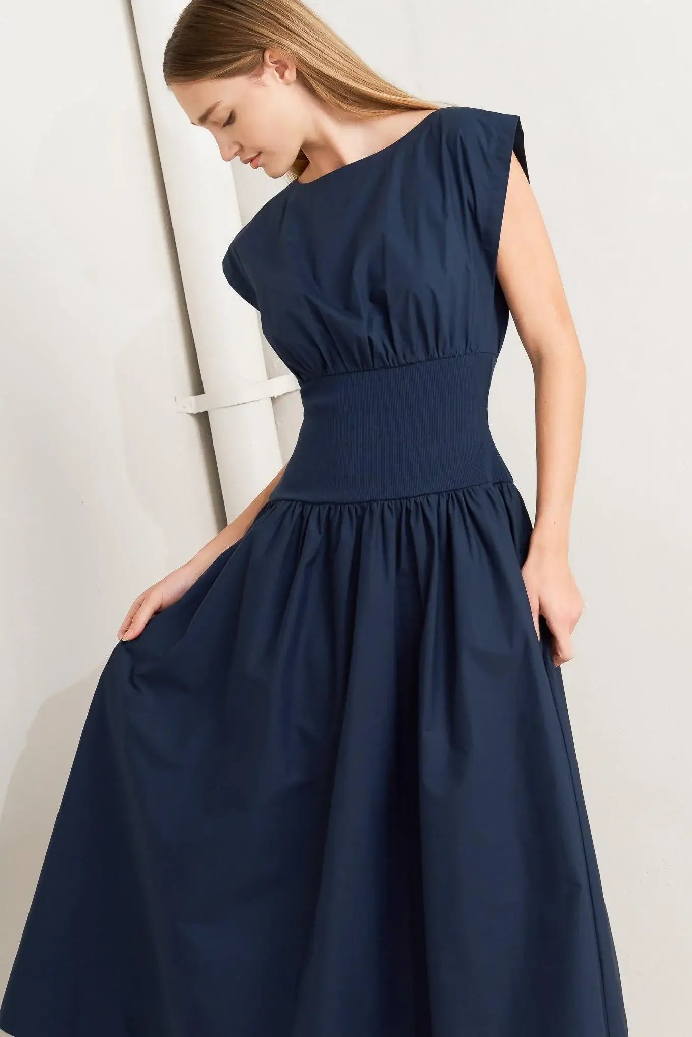 DREAMWEAVER ROMANTIC NAVY WOVEN MIDI DRESS - Flying Tomato - Flyclothing LLC