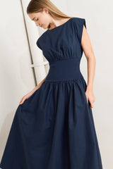 DREAMWEAVER ROMANTIC NAVY WOVEN MIDI DRESS - Flying Tomato - Flyclothing LLC