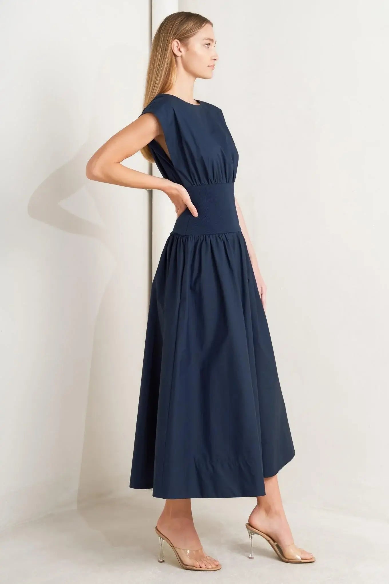 DREAMWEAVER ROMANTIC NAVY WOVEN MIDI DRESS - Flying Tomato - Flyclothing LLC