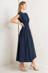 DREAMWEAVER ROMANTIC NAVY WOVEN MIDI DRESS - Flying Tomato - Flyclothing LLC