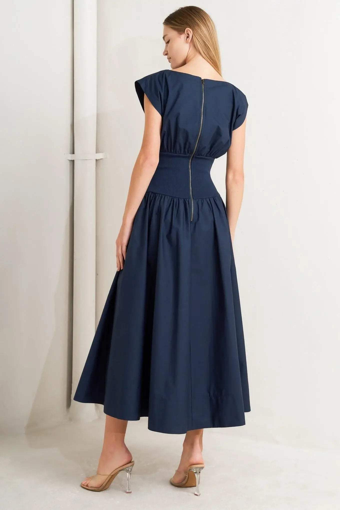 DREAMWEAVER ROMANTIC NAVY WOVEN MIDI DRESS - Flying Tomato - Flyclothing LLC