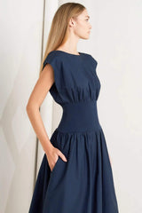 DREAMWEAVER ROMANTIC NAVY WOVEN MIDI DRESS - Flying Tomato - Flyclothing LLC