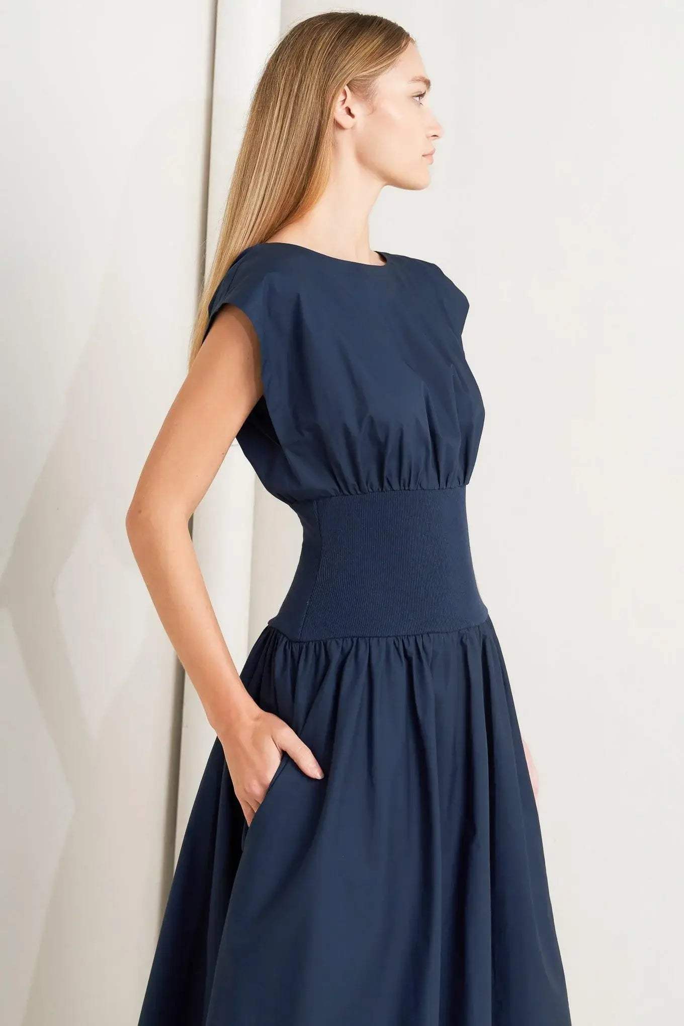 DREAMWEAVER ROMANTIC NAVY WOVEN MIDI DRESS - Flying Tomato - Flyclothing LLC