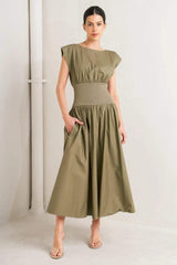 DREAMWEAVER ROMANTIC OLIVE WOVEN MIDI DRESS - Flying Tomato - Flyclothing LLC
