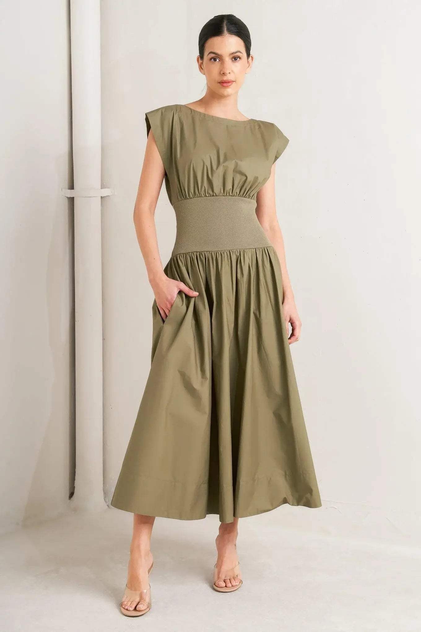 DREAMWEAVER ROMANTIC OLIVE WOVEN MIDI DRESS - Flying Tomato - Flyclothing LLC