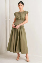 DREAMWEAVER ROMANTIC OLIVE WOVEN MIDI DRESS - Flying Tomato - Flyclothing LLC
