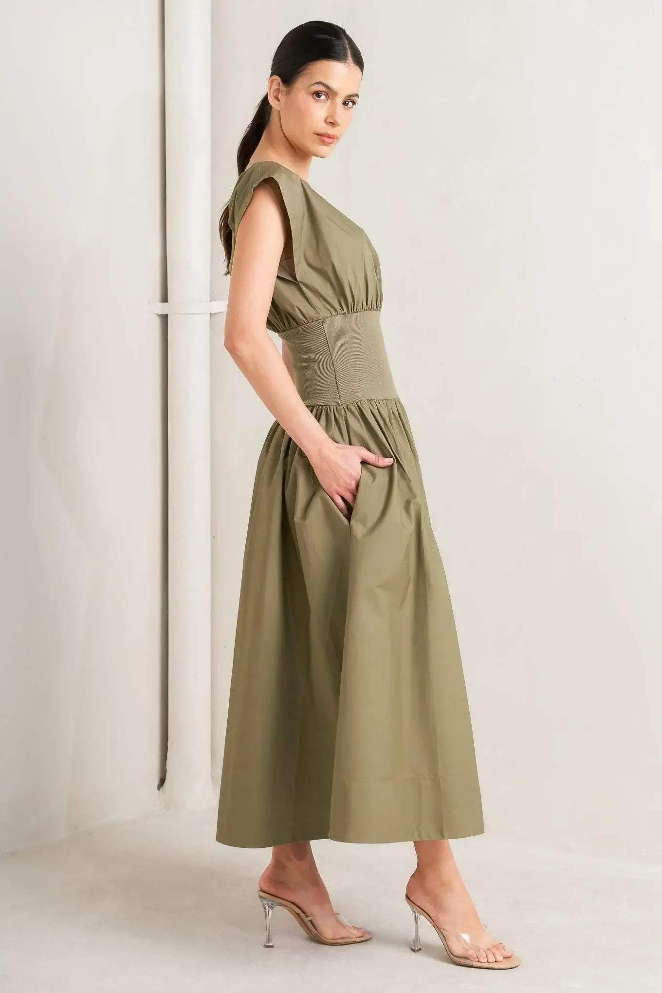 DREAMWEAVER ROMANTIC OLIVE WOVEN MIDI DRESS - Flying Tomato - Flyclothing LLC