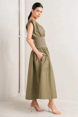 DREAMWEAVER ROMANTIC OLIVE WOVEN MIDI DRESS - Flying Tomato - Flyclothing LLC