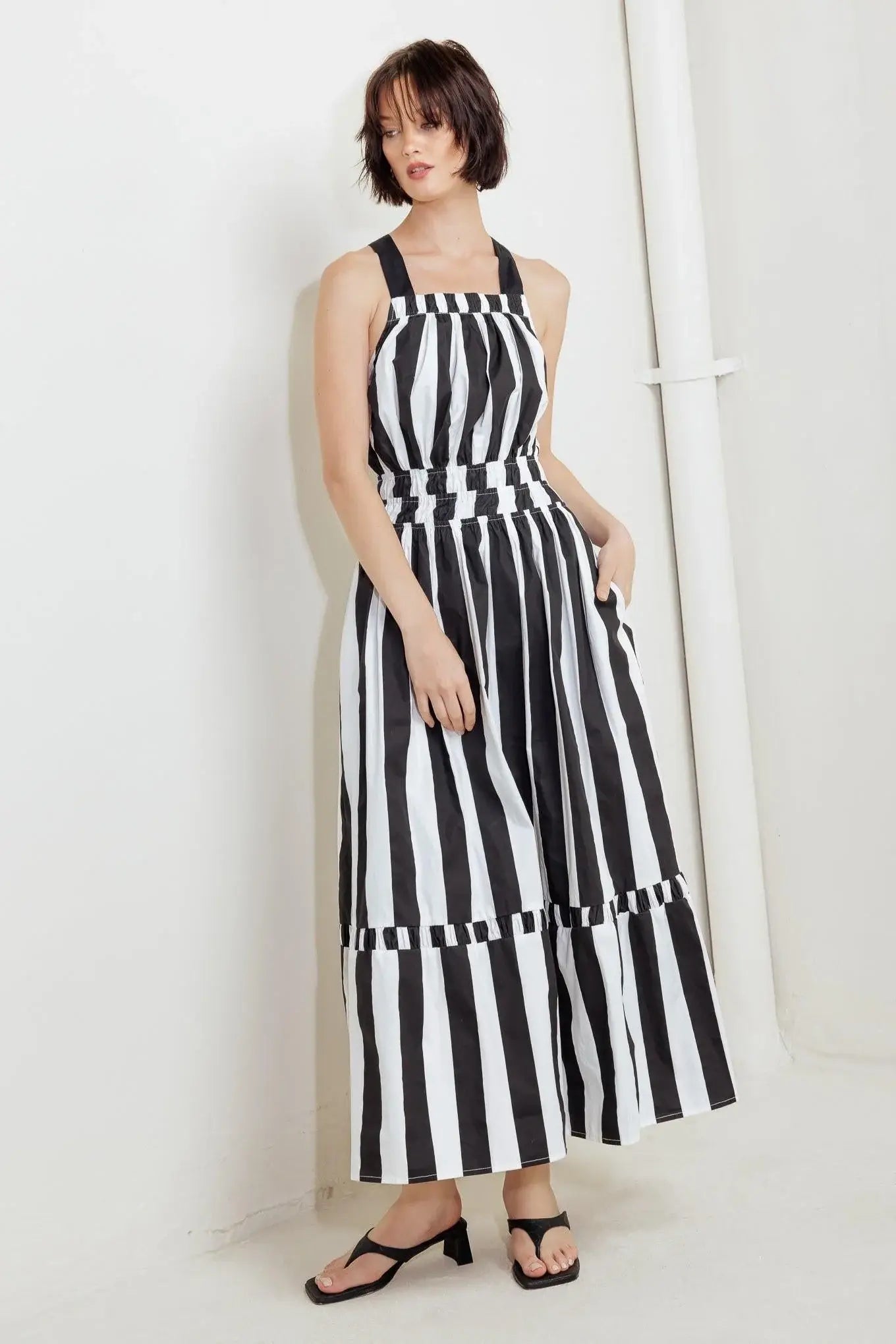 LUXE LINEAR STRIPED WOVEN MIDI DRESS - Flying Tomato - Flyclothing LLC