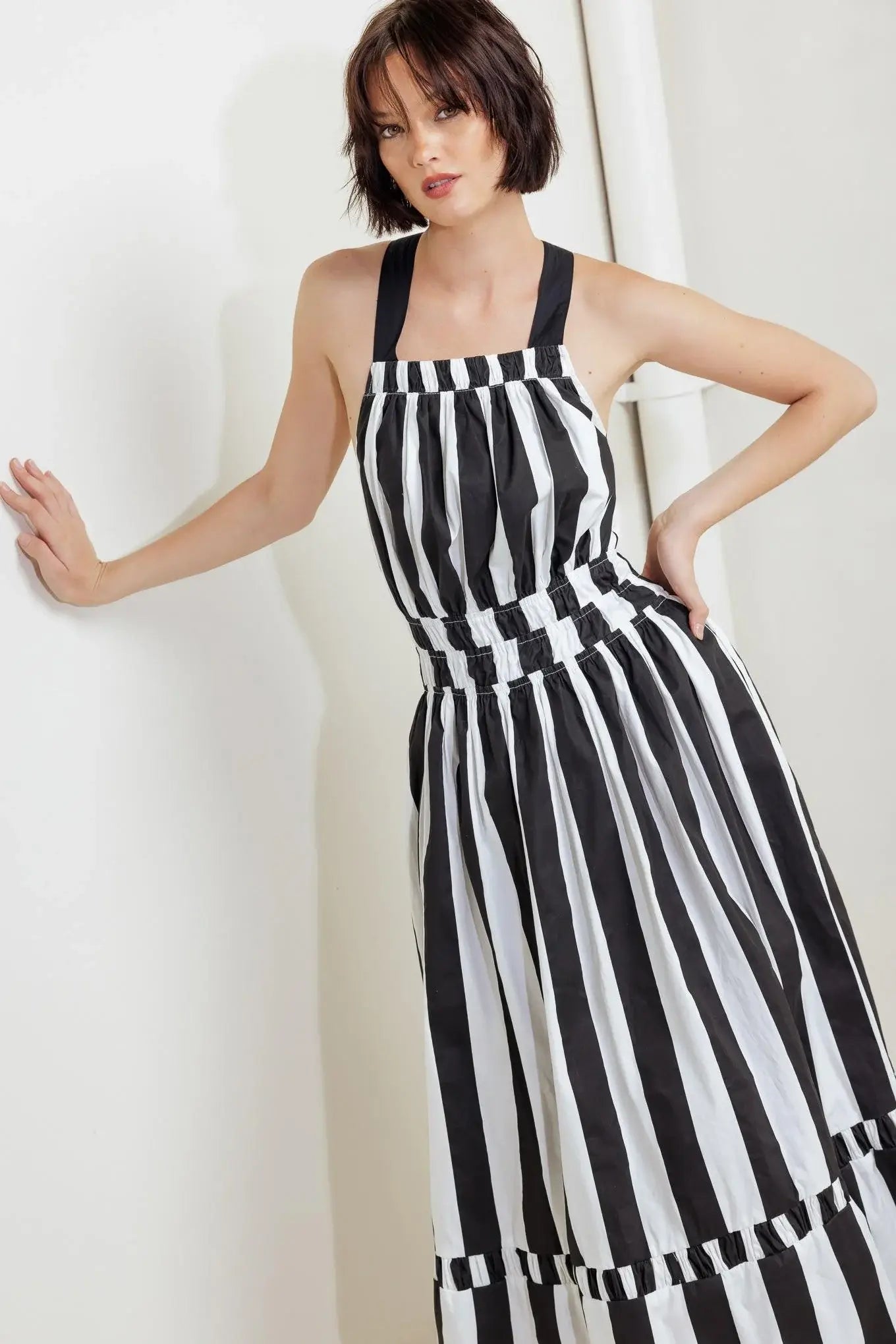 LUXE LINEAR STRIPED WOVEN MIDI DRESS - Flying Tomato - Flyclothing LLC