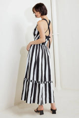 LUXE LINEAR STRIPED WOVEN MIDI DRESS - Flying Tomato - Flyclothing LLC