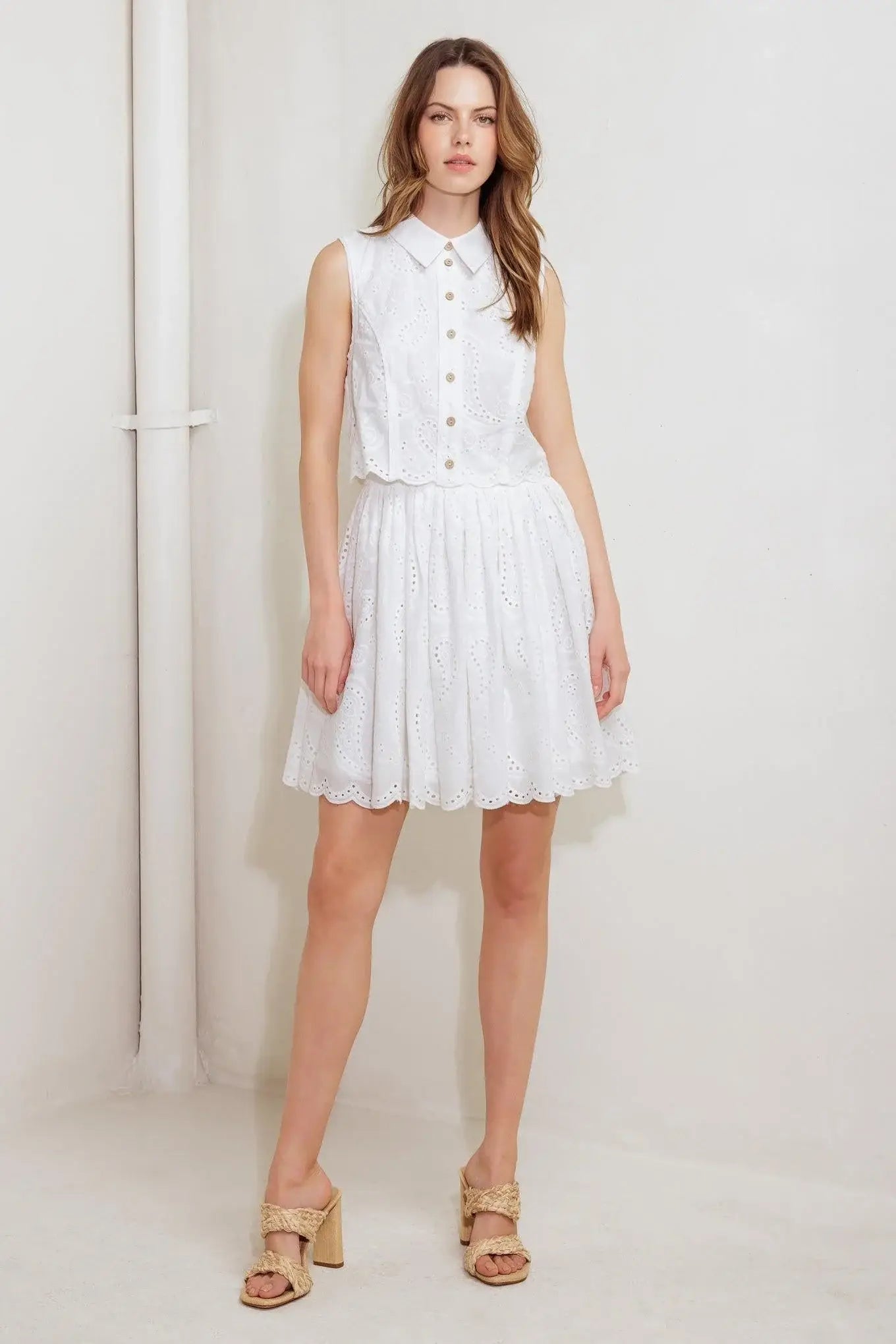 LEAF KISS WHITE WOVEN EYELET MINI DRESS - Flying Tomato - Flyclothing LLC